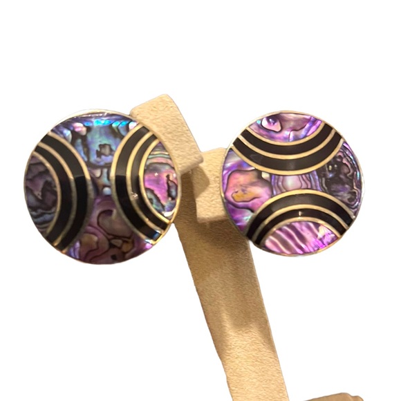 Vintage Purple Abalone inlay Alpaca round earrings pierced mexico black onyx - Picture 1 of 6